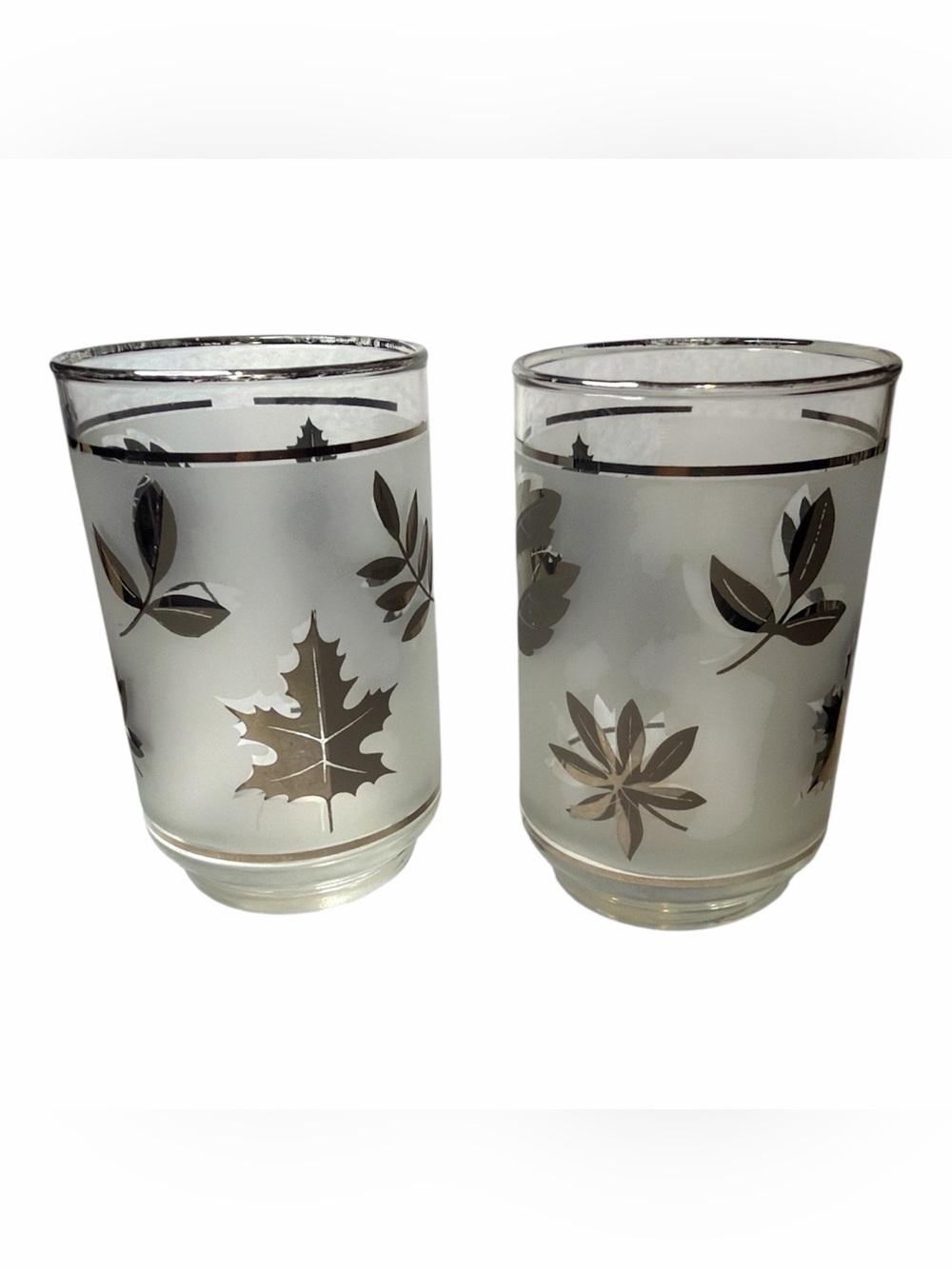 Vintage MCM Libby Silver Leaf Frosted Glass 12oz. Tumblers Design - Set of 2